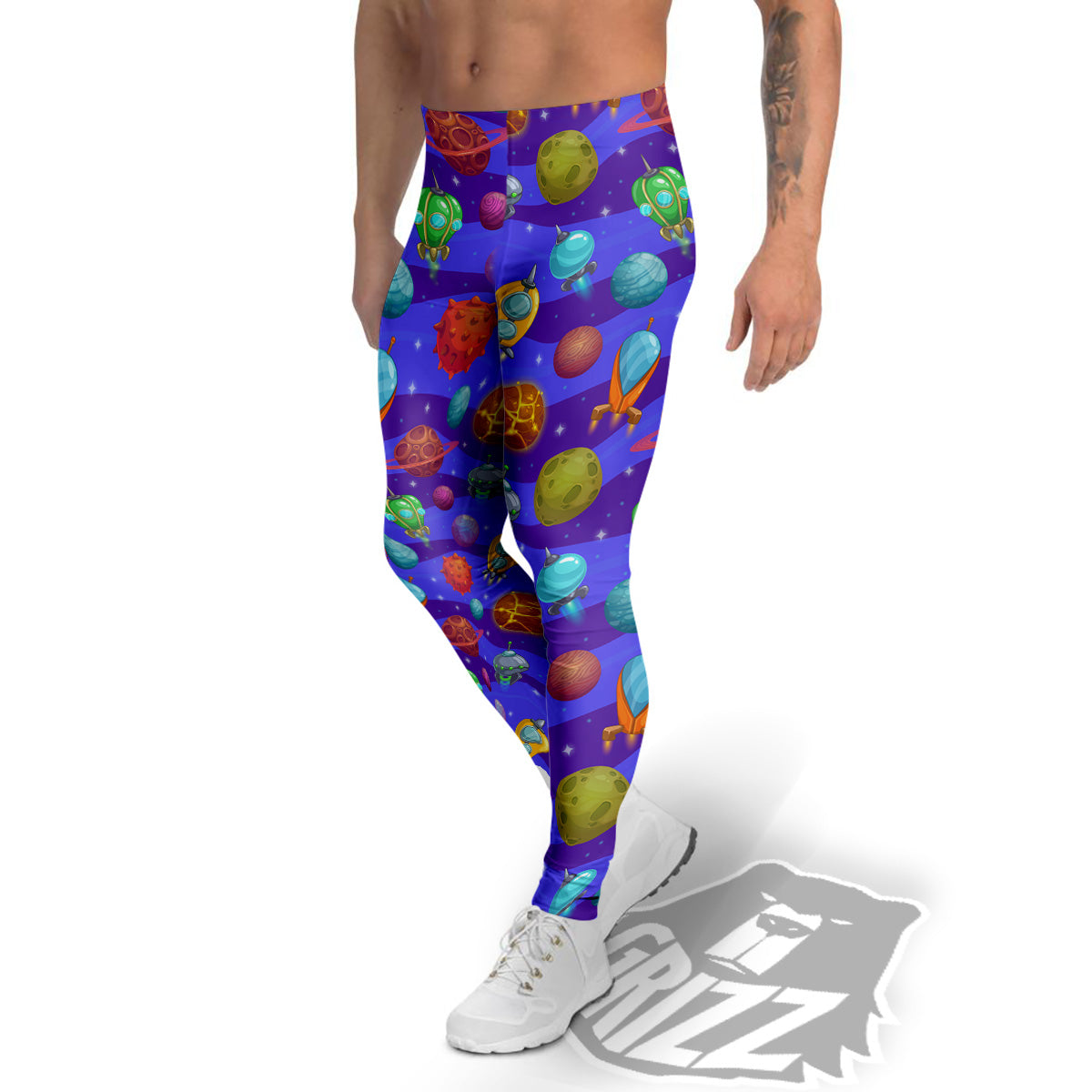 Cartoon Space Ships And Planets Print Pattern Men's Leggings-grizzshop