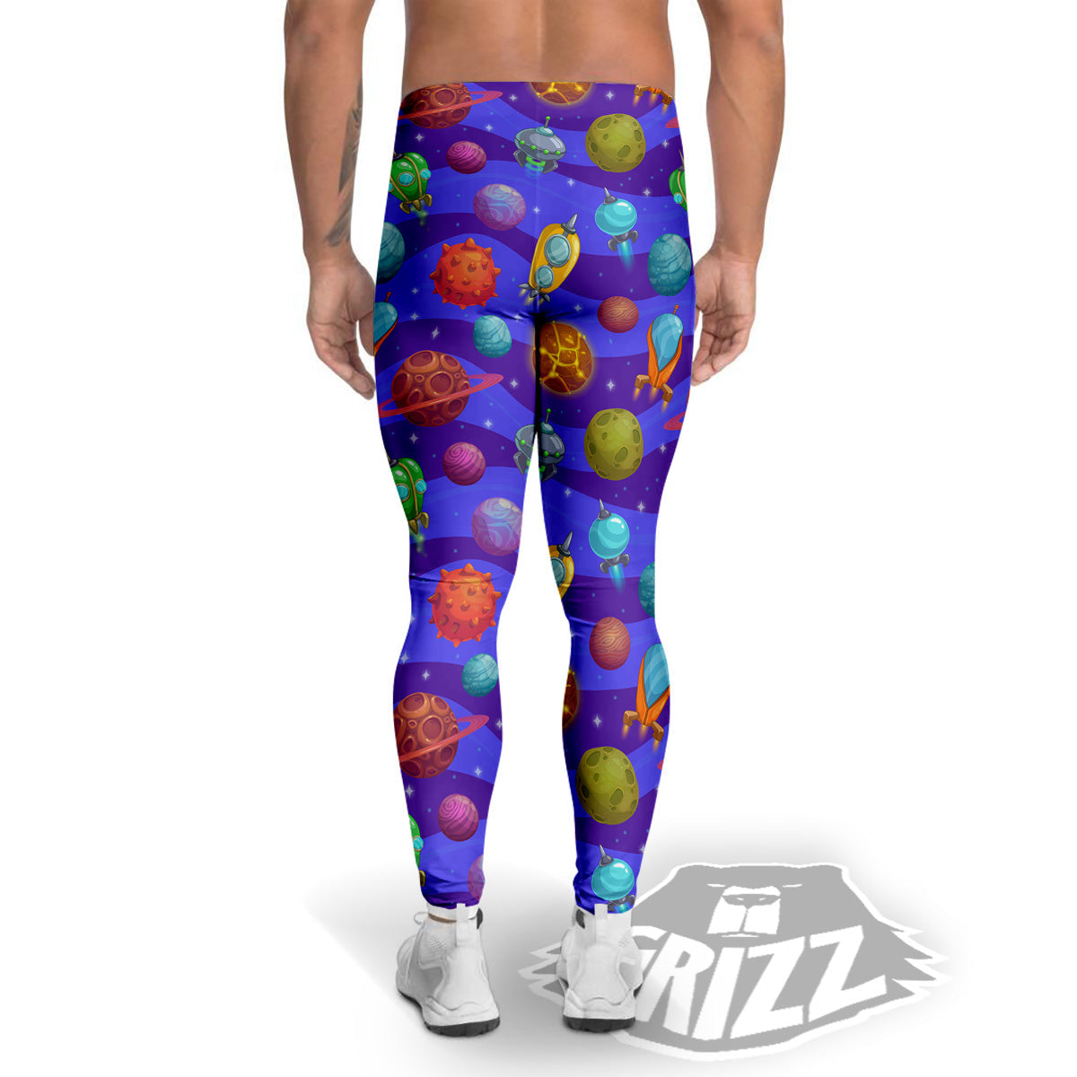 Cartoon Space Ships And Planets Print Pattern Men's Leggings-grizzshop