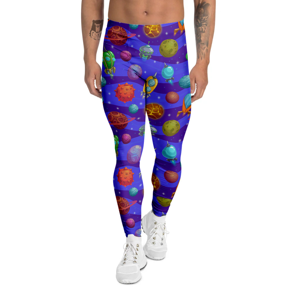 Cartoon Space Ships And Planets Print Pattern Men's Leggings-grizzshop