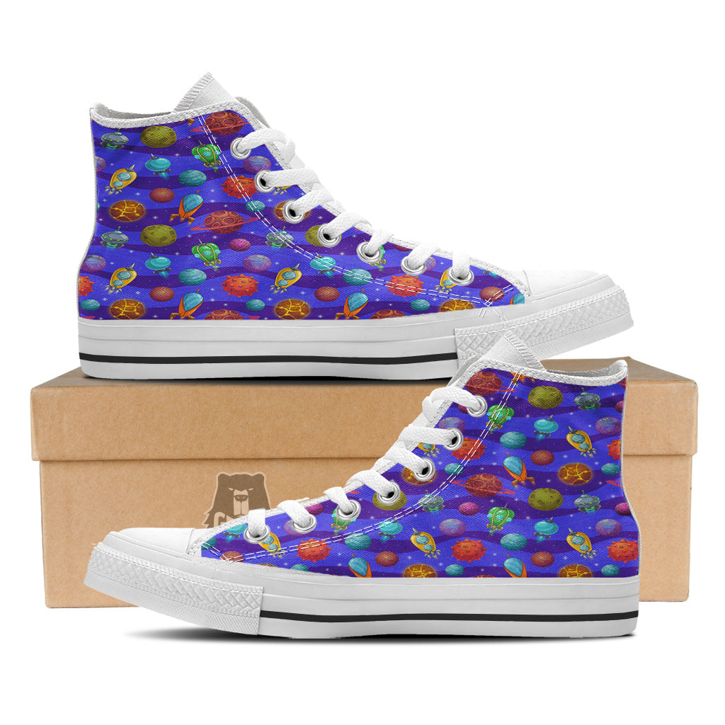 Cartoon Space Ships And Planets Print Pattern White High Top Shoes-grizzshop