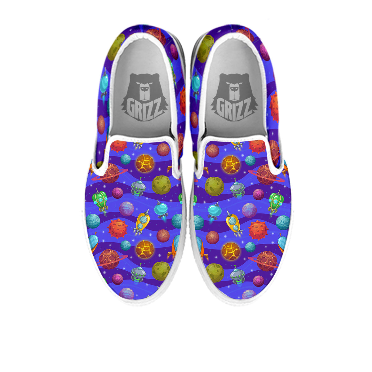 Cartoon Space Ships And Planets Print Pattern White Slip On Shoes-grizzshop