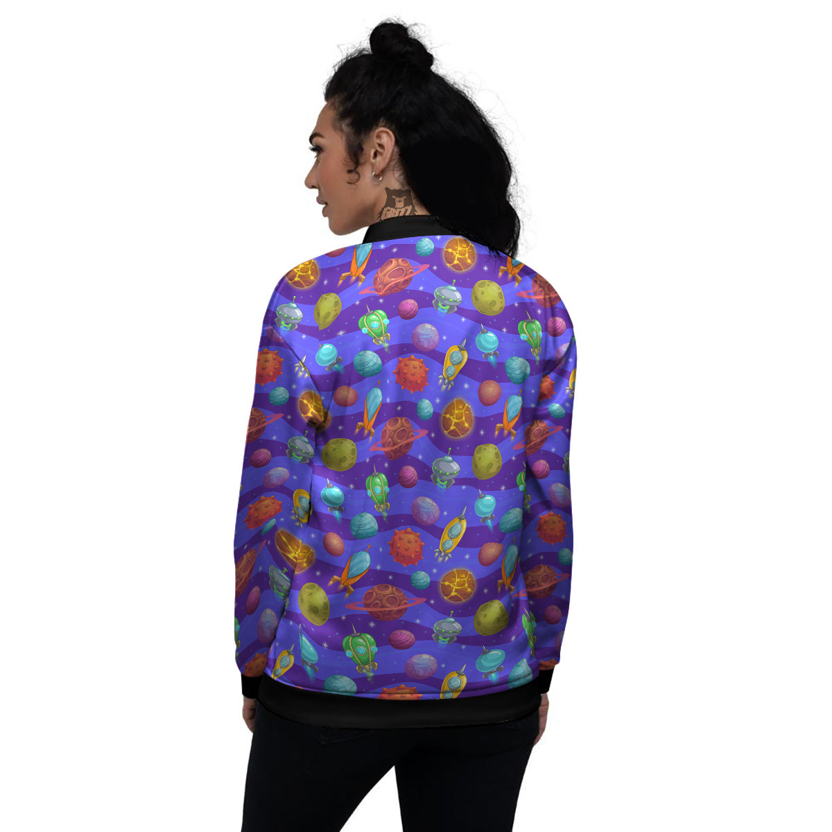 Cartoon Space Ships And Planets Print Pattern Women's Bomber Jacket-grizzshop