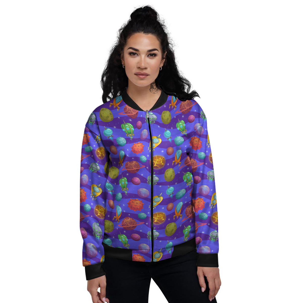 Cartoon Space Ships And Planets Print Pattern Women's Bomber Jacket-grizzshop