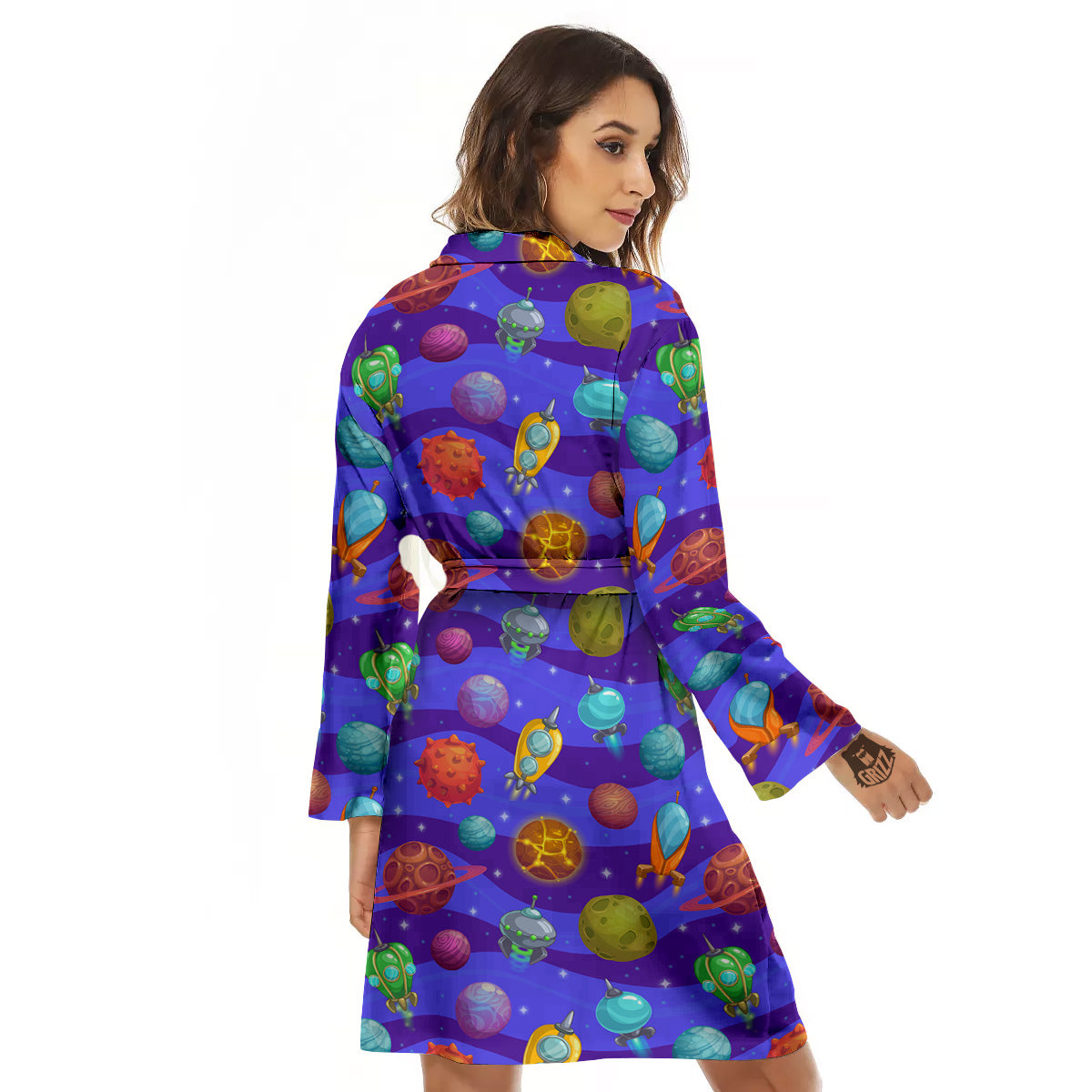 Cartoon Space Ships And Planets Print Pattern Women's Robe-grizzshop