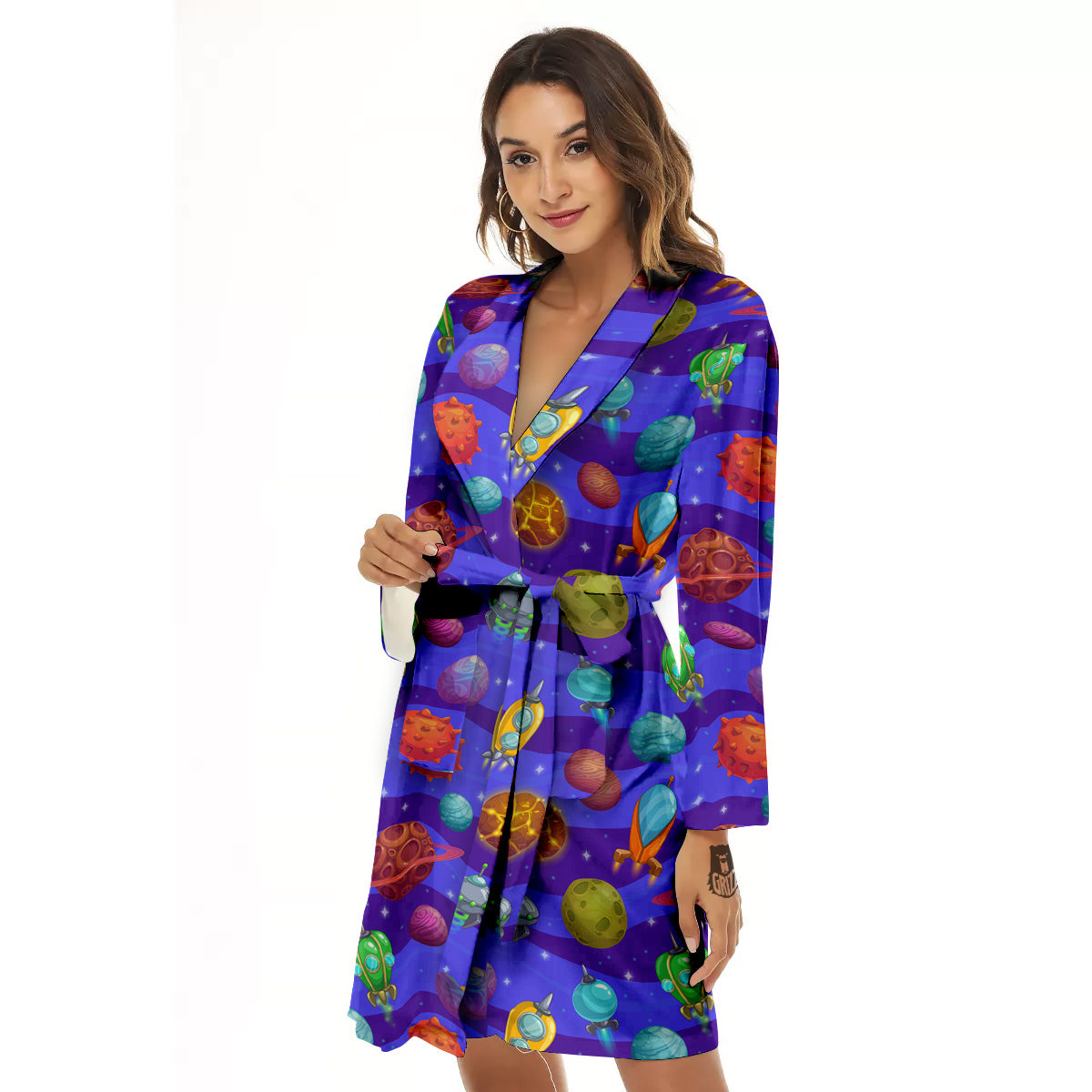Cartoon Space Ships And Planets Print Pattern Women's Robe-grizzshop