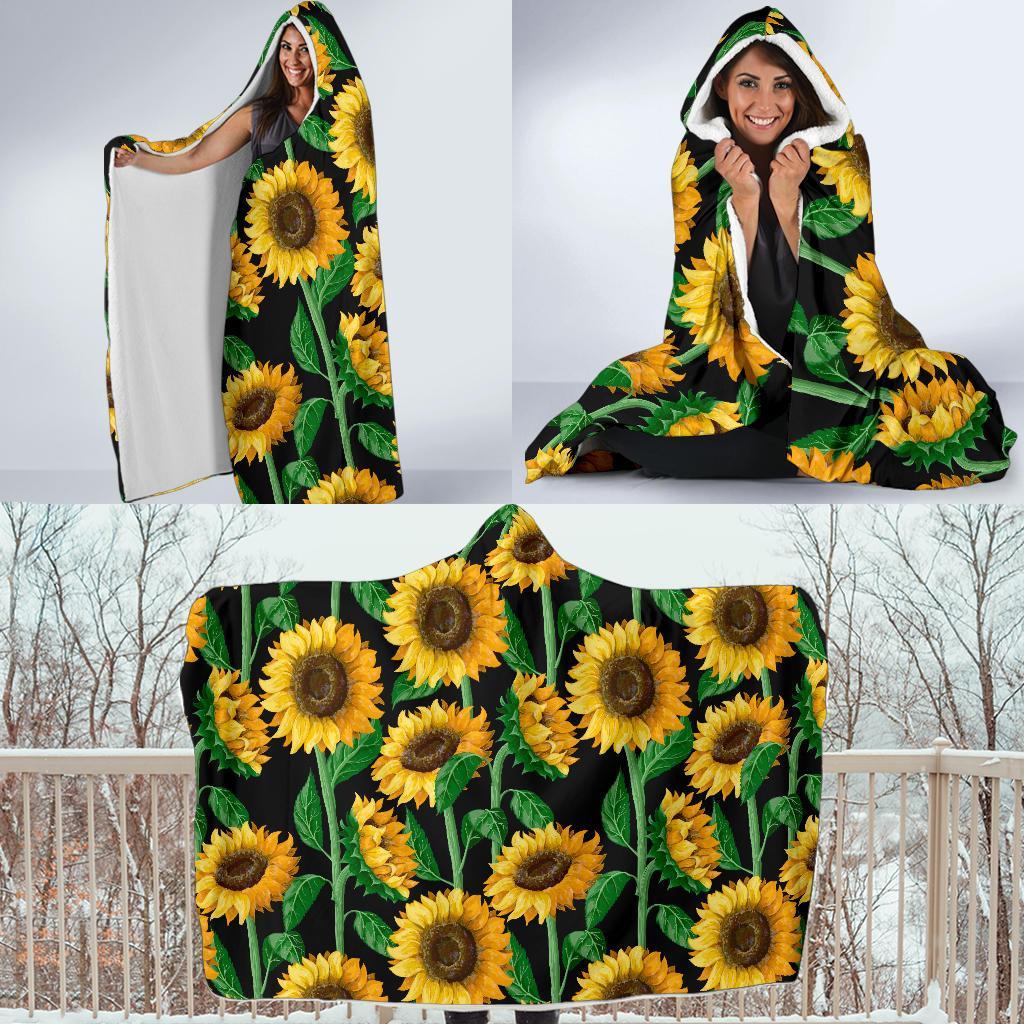 Cartoon Sunflower Pattern Print Hooded Blanket-grizzshop