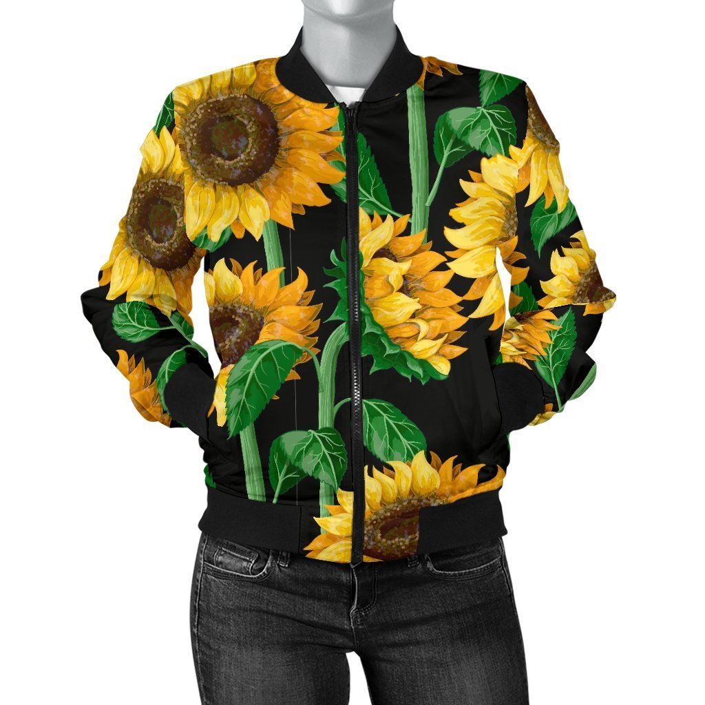 Cartoon Sunflower Pattern Print Women Casual Bomber Jacket-grizzshop