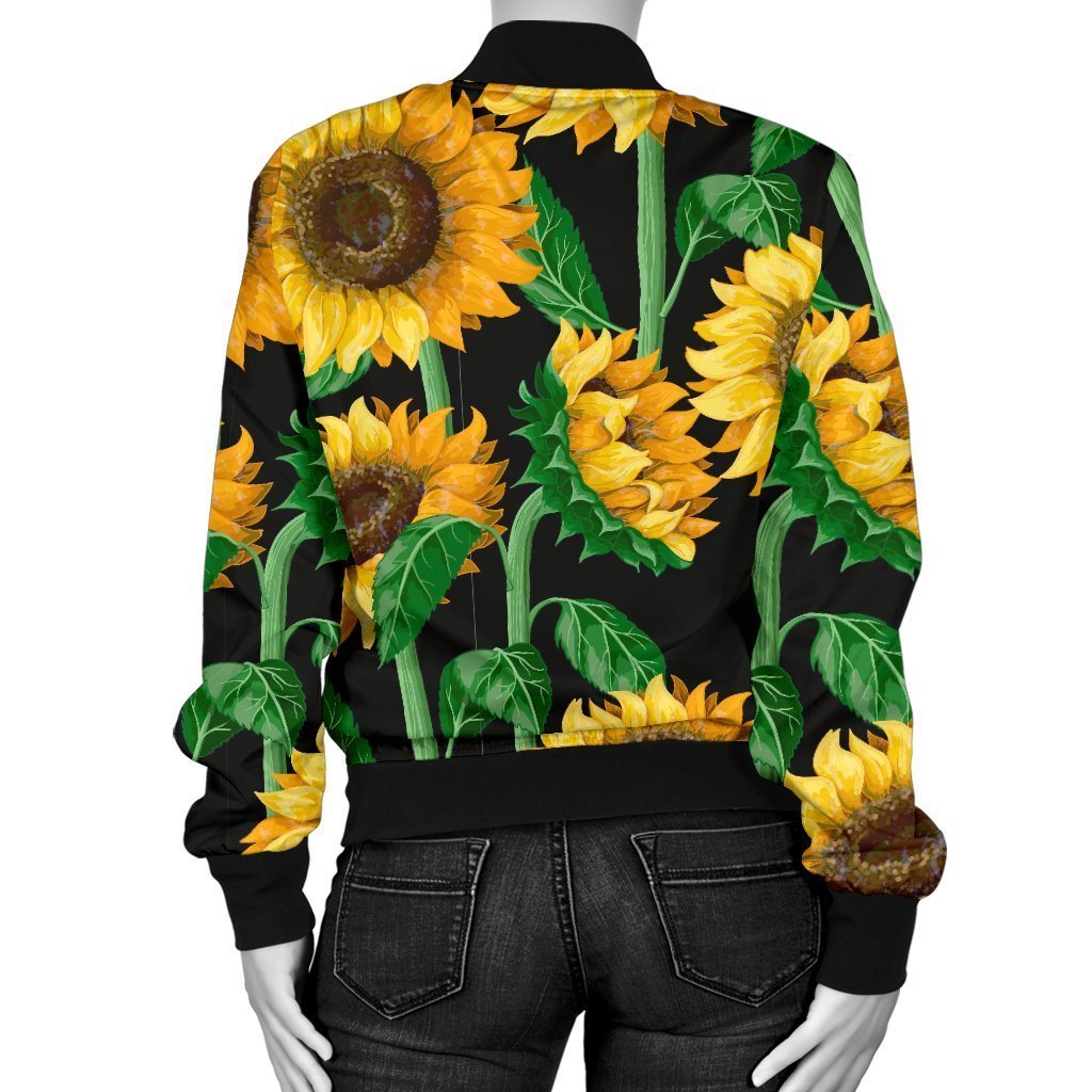 Cartoon Sunflower Pattern Print Women Casual Bomber Jacket-grizzshop