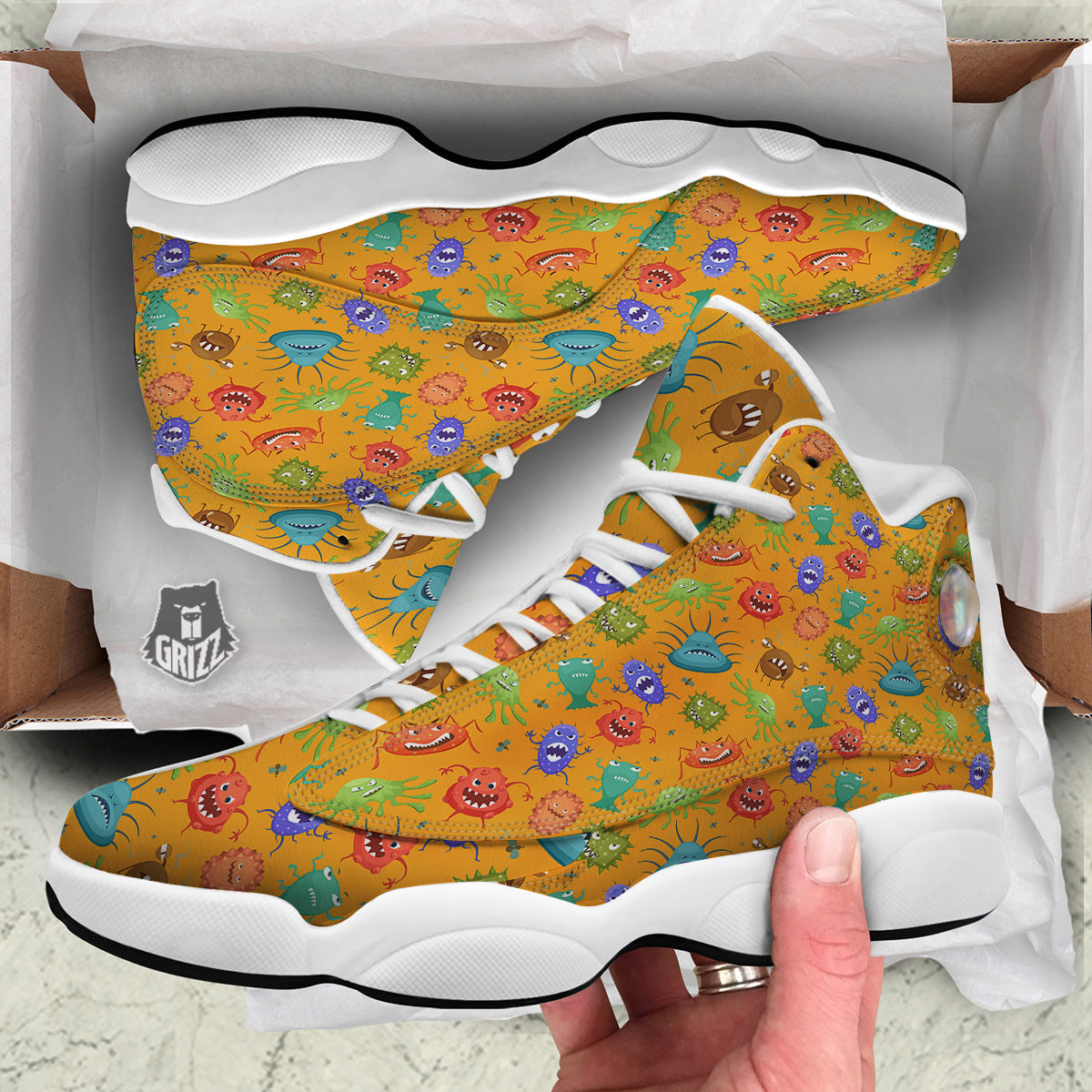 Cartoon Virus Print Pattern White Basketball Shoes-grizzshop
