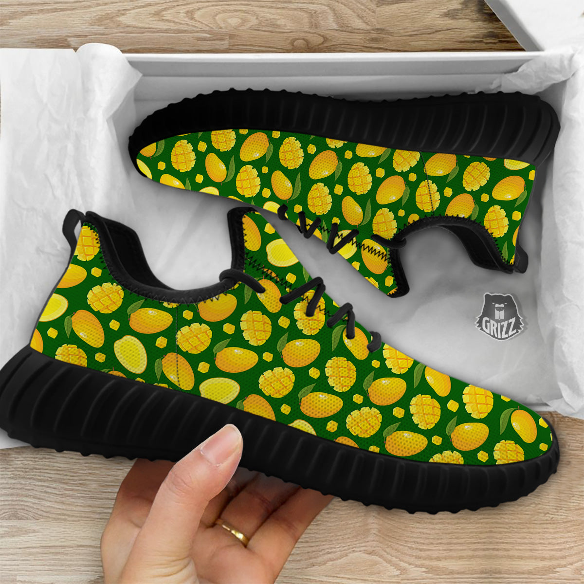 Cartoon Yellow Mango Slice Print Pattern Black Walking Shoes-grizzshop