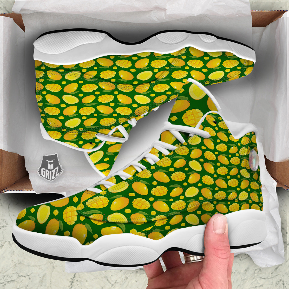 Cartoon Yellow Mango Slice Print Pattern White Basketball Shoes-grizzshop