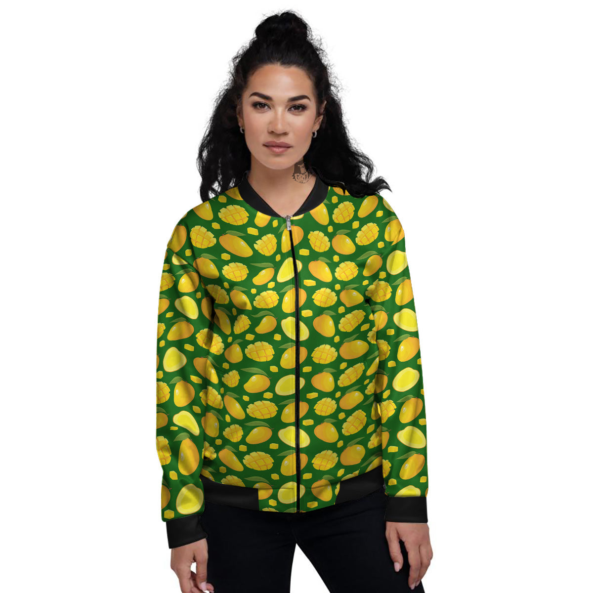 Cartoon Yellow Mango Slice Print Pattern Women's Bomber Jacket-grizzshop