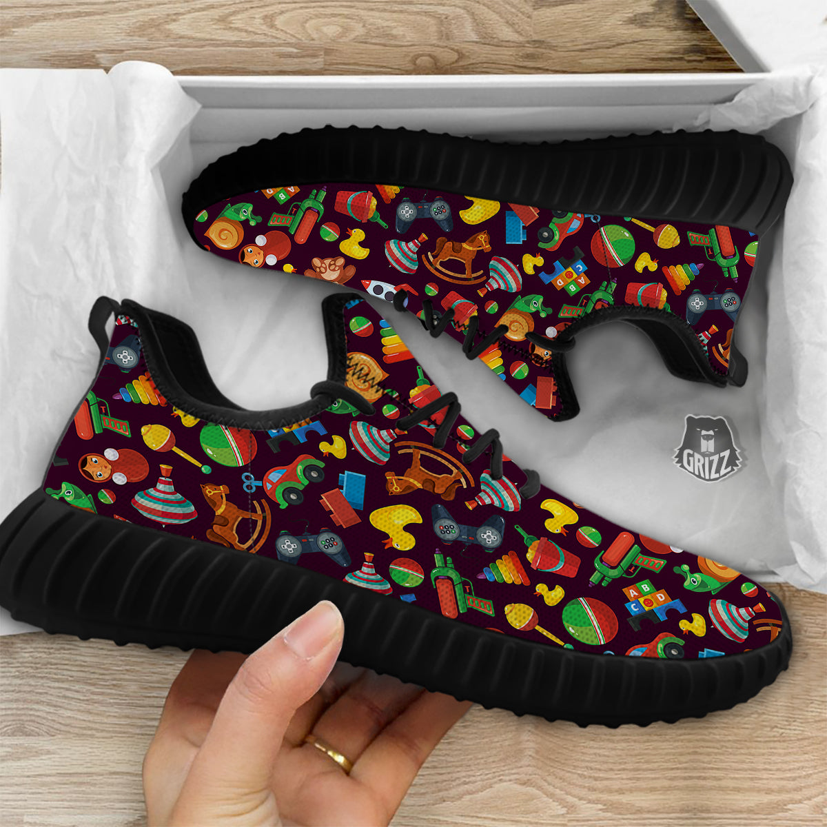 Cartoon toys Colorful Print Pattern Black Walking Shoes-grizzshop