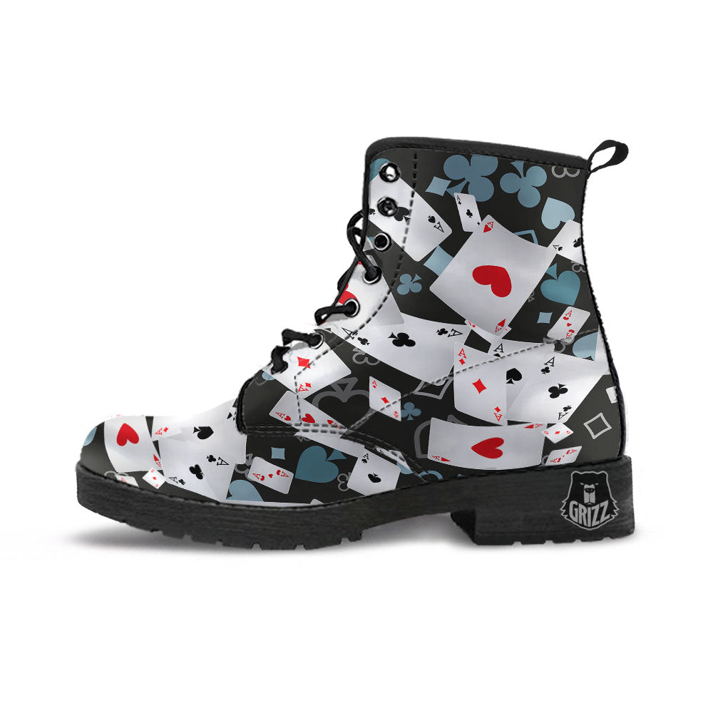 Casino Card Falling Print Leather Boots-grizzshop