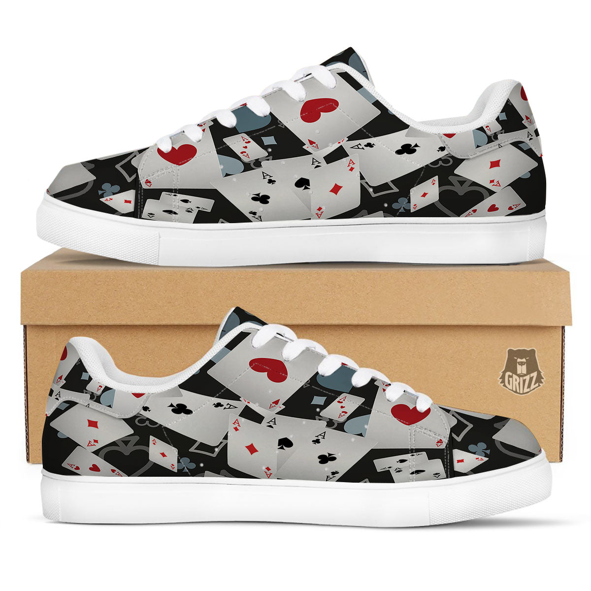 Casino Card Falling Print White Low Top Sneakers-grizzshop