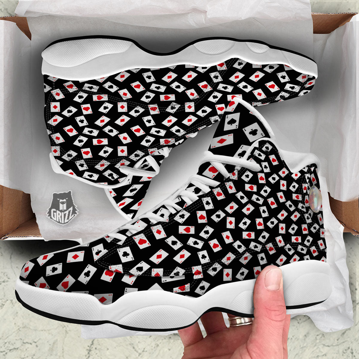 Casino Card Red And Black Print Pattern White Basketball Shoes-grizzshop
