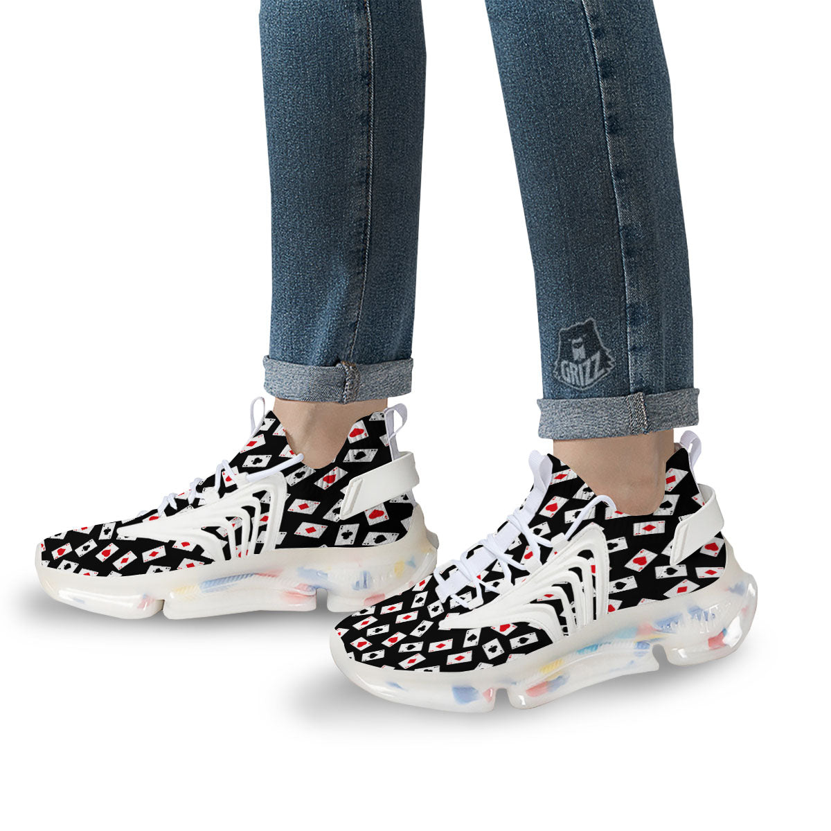Casino Card Red And Black Print Pattern White Gym Shoes-grizzshop