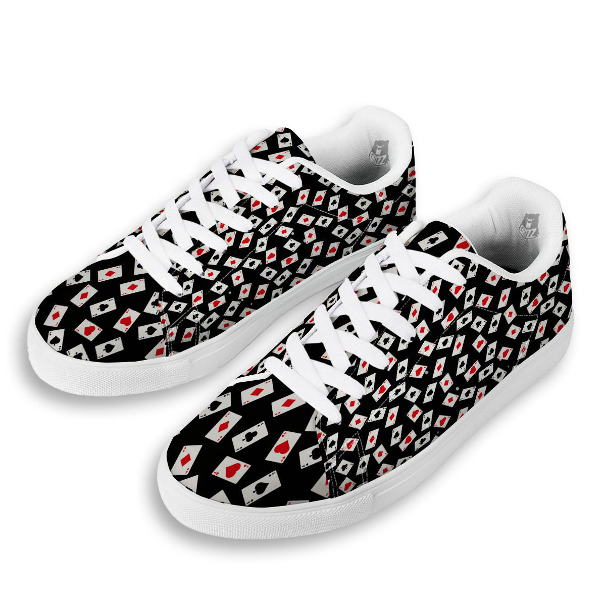 Casino Card Red And Black Print Pattern White Low Top Sneakers-grizzshop