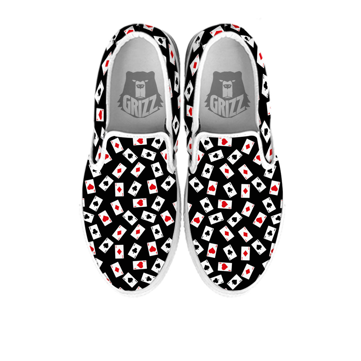 Casino Card Red And Black Print Pattern White Slip On Shoes-grizzshop