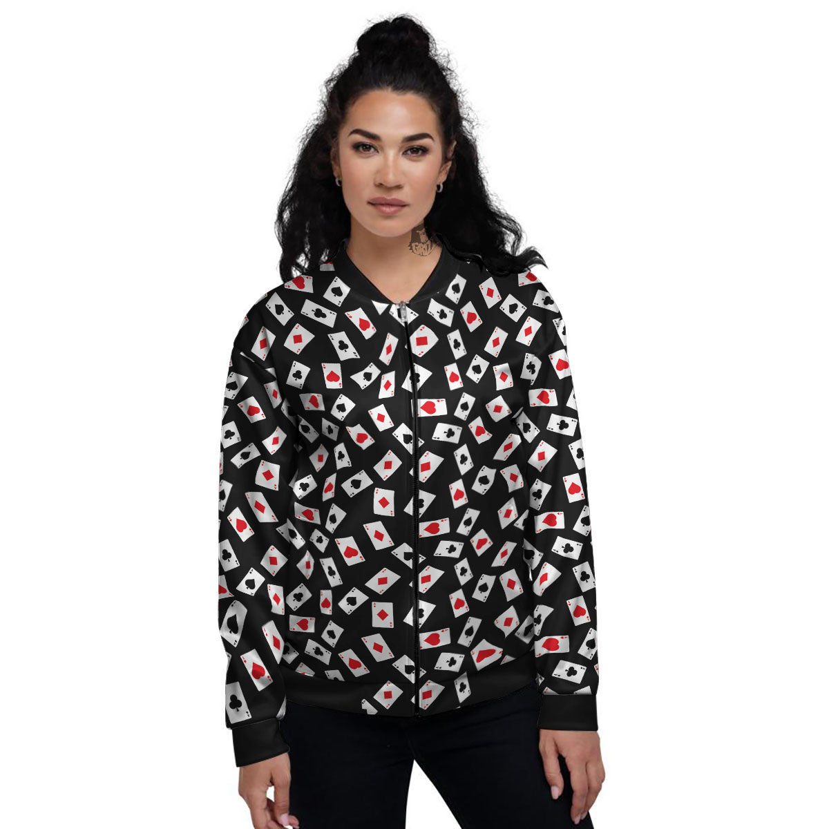 Casino Card Red And Black Print Pattern Women's Bomber Jacket-grizzshop