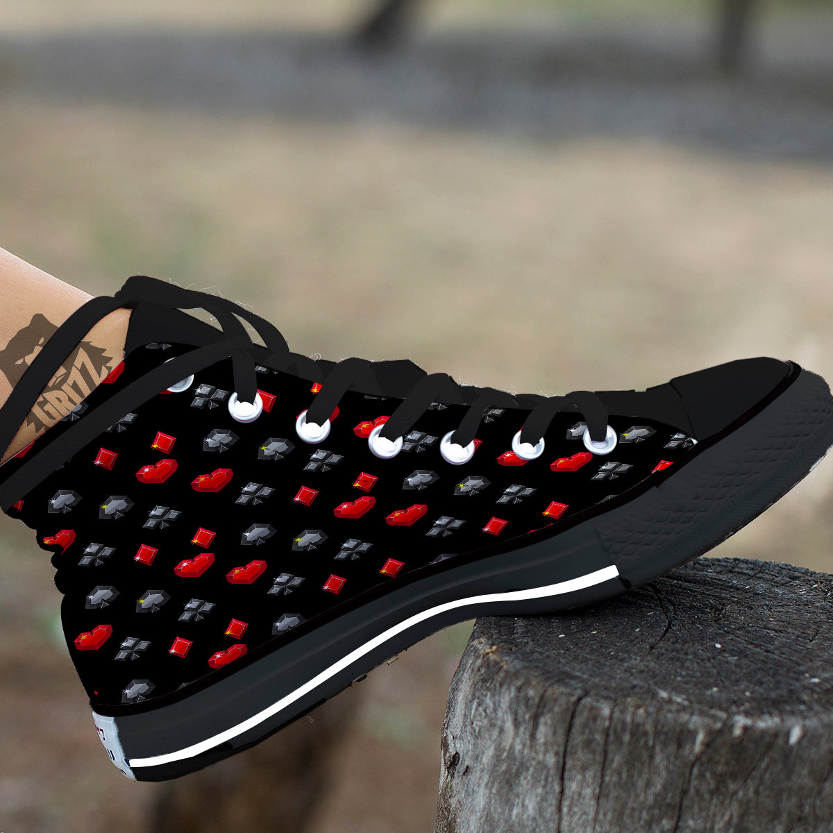 Casino Card Suits Red Black Print Pattern Black High Top Shoes-grizzshop
