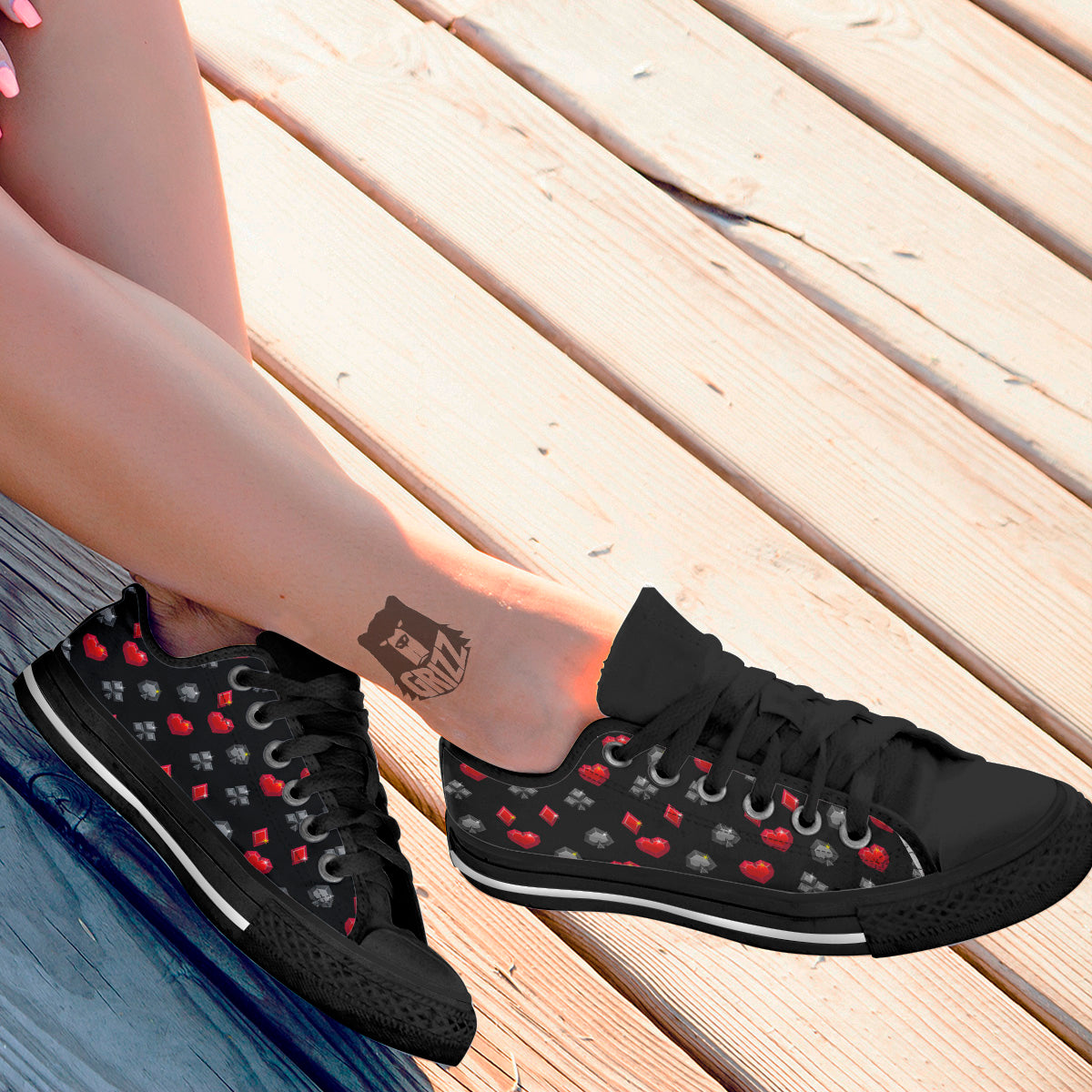 Casino Card Suits Red Black Print Pattern Black Low Top Shoes-grizzshop
