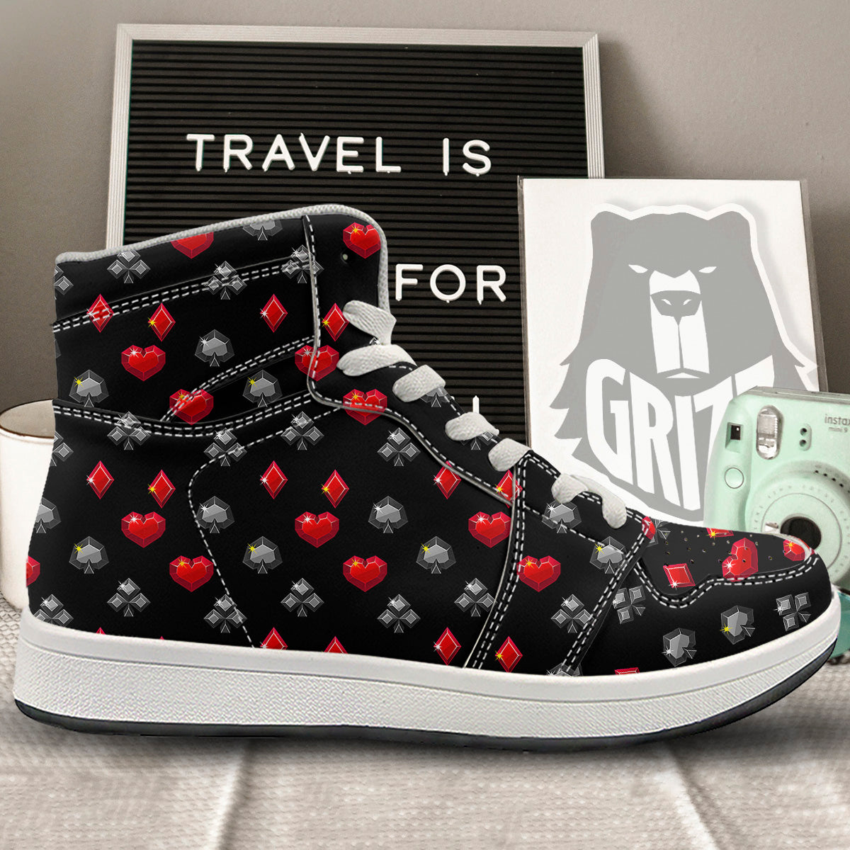 Casino Card Suits Red Black Print Pattern High Top Sneakers-grizzshop
