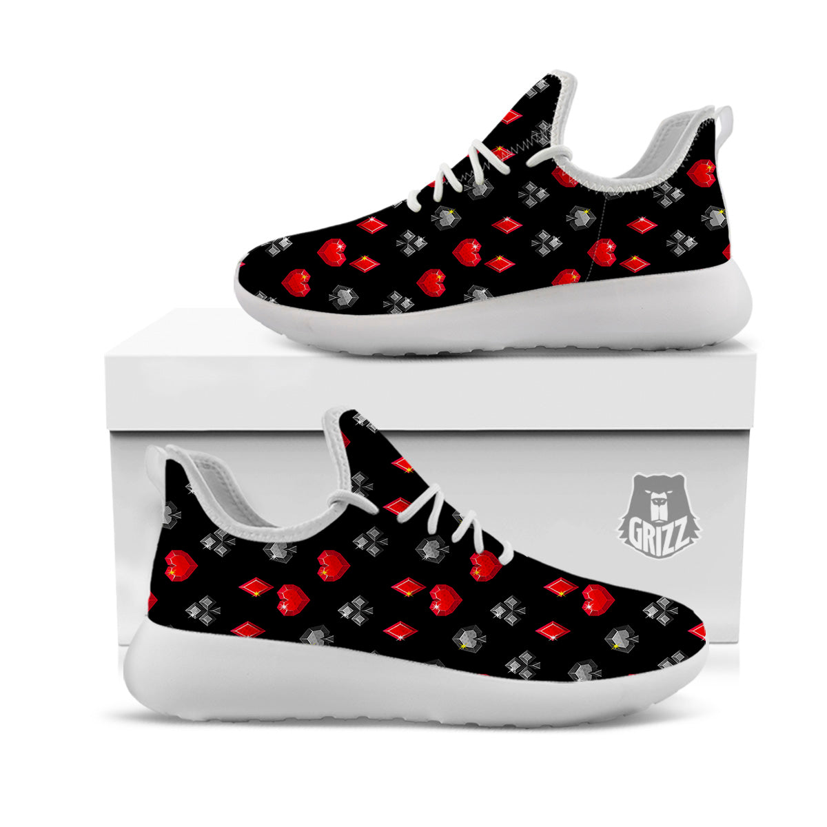 Casino Card Suits Red Black Print Pattern White Athletic Shoes-grizzshop