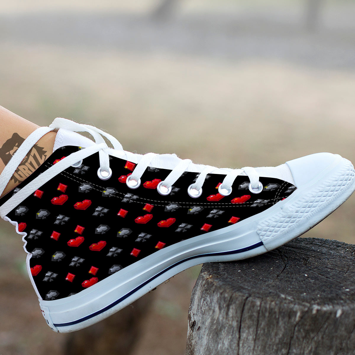 Casino Card Suits Red Black Print Pattern White High Top Shoes-grizzshop