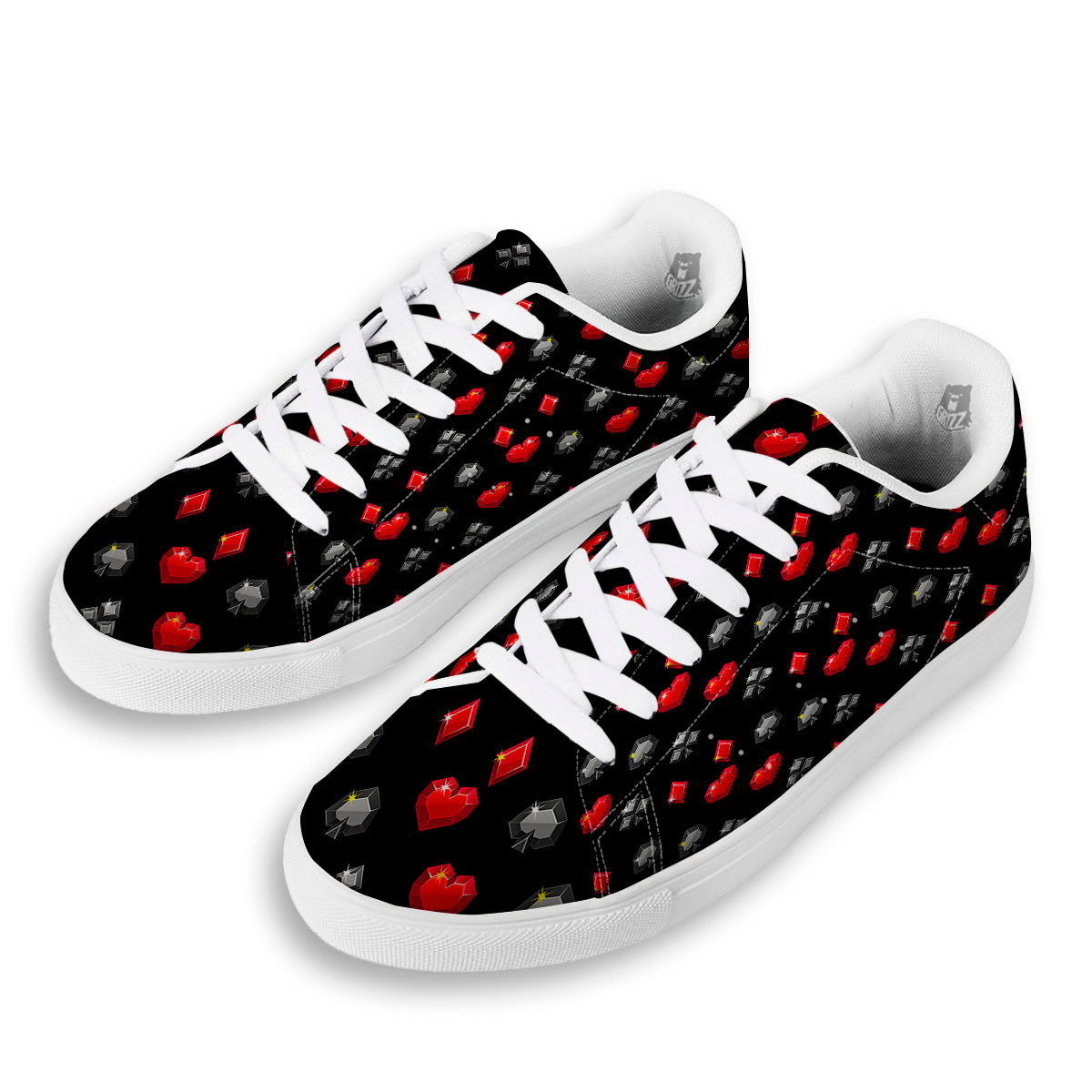 Casino Card Suits Red Black Print Pattern White Low Top Sneakers-grizzshop