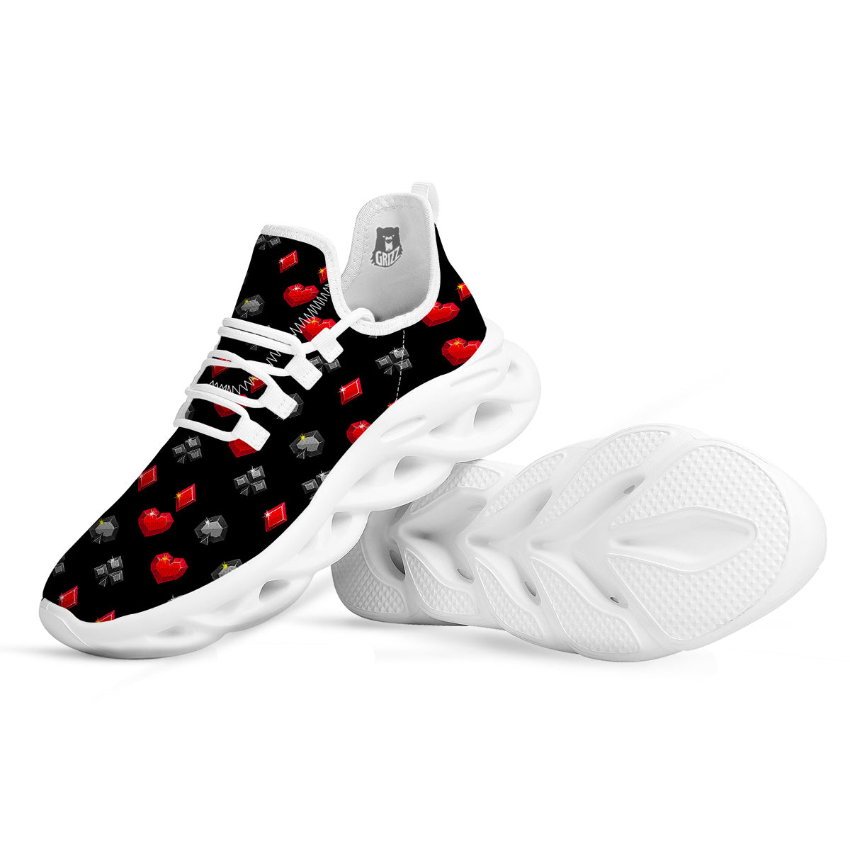 Casino Card Suits Red Black Print Pattern White Running Shoes-grizzshop