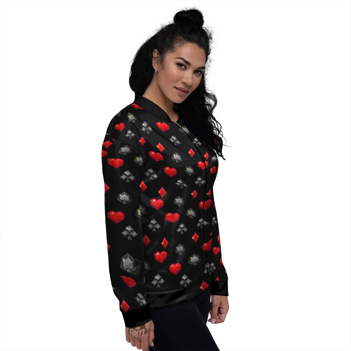 Casino Card Suits Red Black Print Pattern Women's Bomber Jacket-grizzshop
