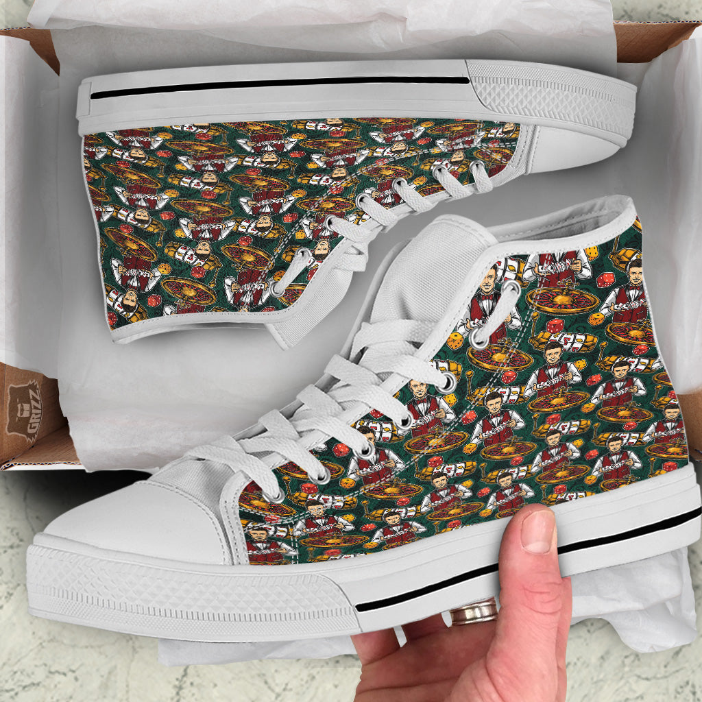 Casino Croupier And Slot Machine Print Pattern White High Top Shoes-grizzshop