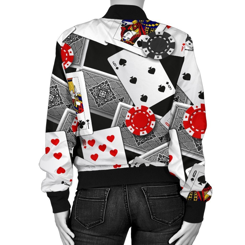 Casino Poker Print Pattern Women Casual Bomber Jacket-grizzshop