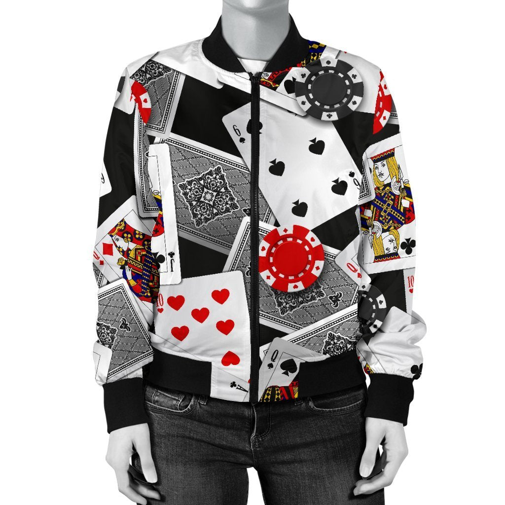 Casino Poker Print Pattern Women Casual Bomber Jacket-grizzshop