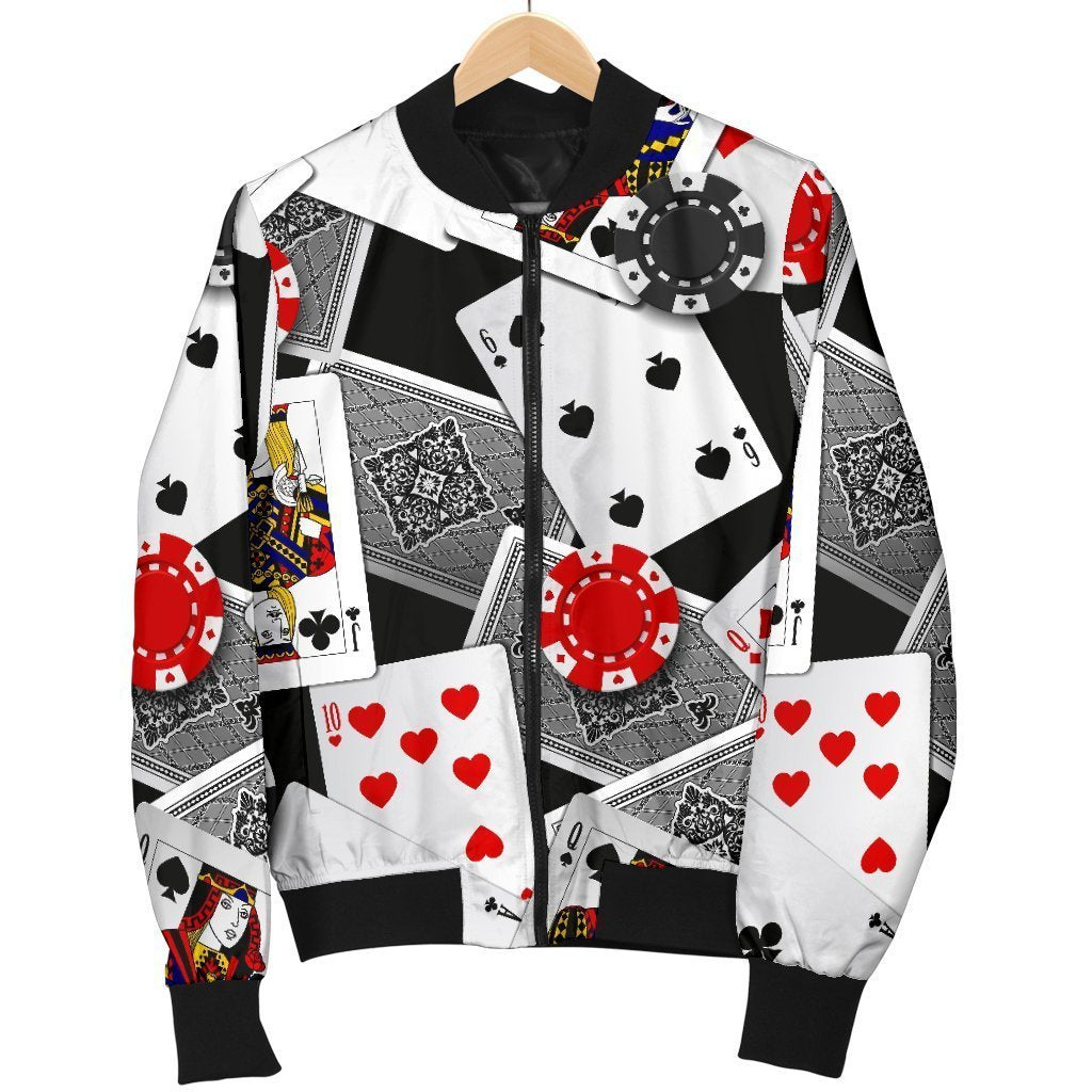 Casino Poker Print Pattern Women Casual Bomber Jacket-grizzshop