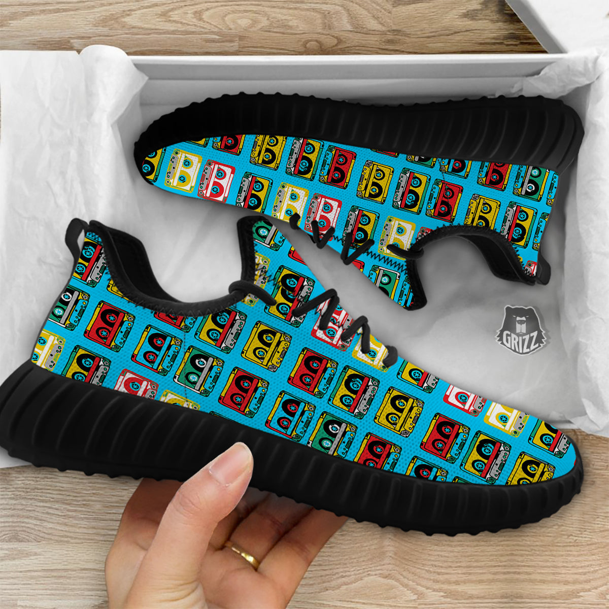 Cassette Colorful Print Pattern Black Walking Shoes-grizzshop