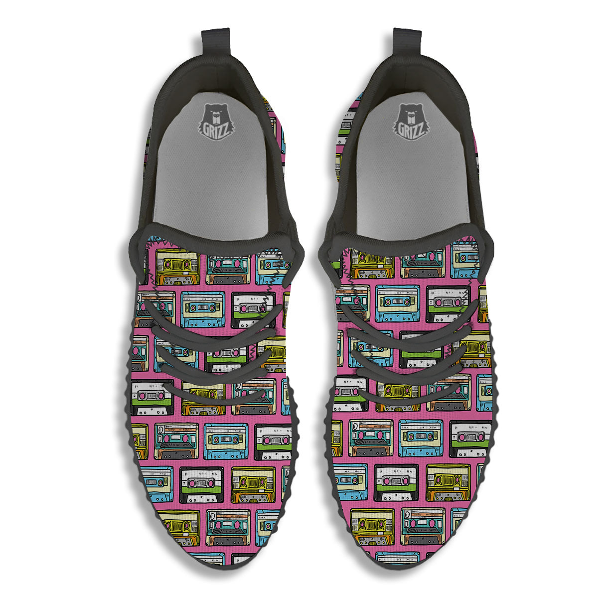 Cassette Drawing Print Pattern Black Walking Shoes-grizzshop