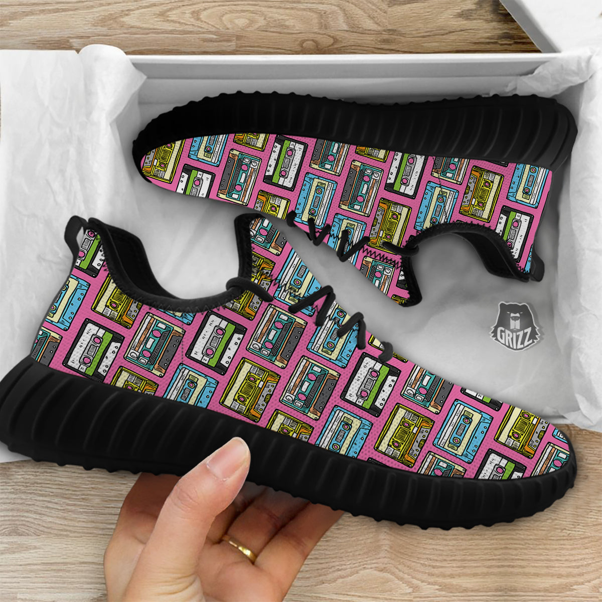 Cassette Drawing Print Pattern Black Walking Shoes-grizzshop