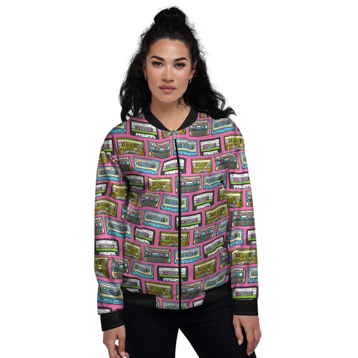 Cassette Drawing Print Pattern Women's Bomber Jacket-grizzshop