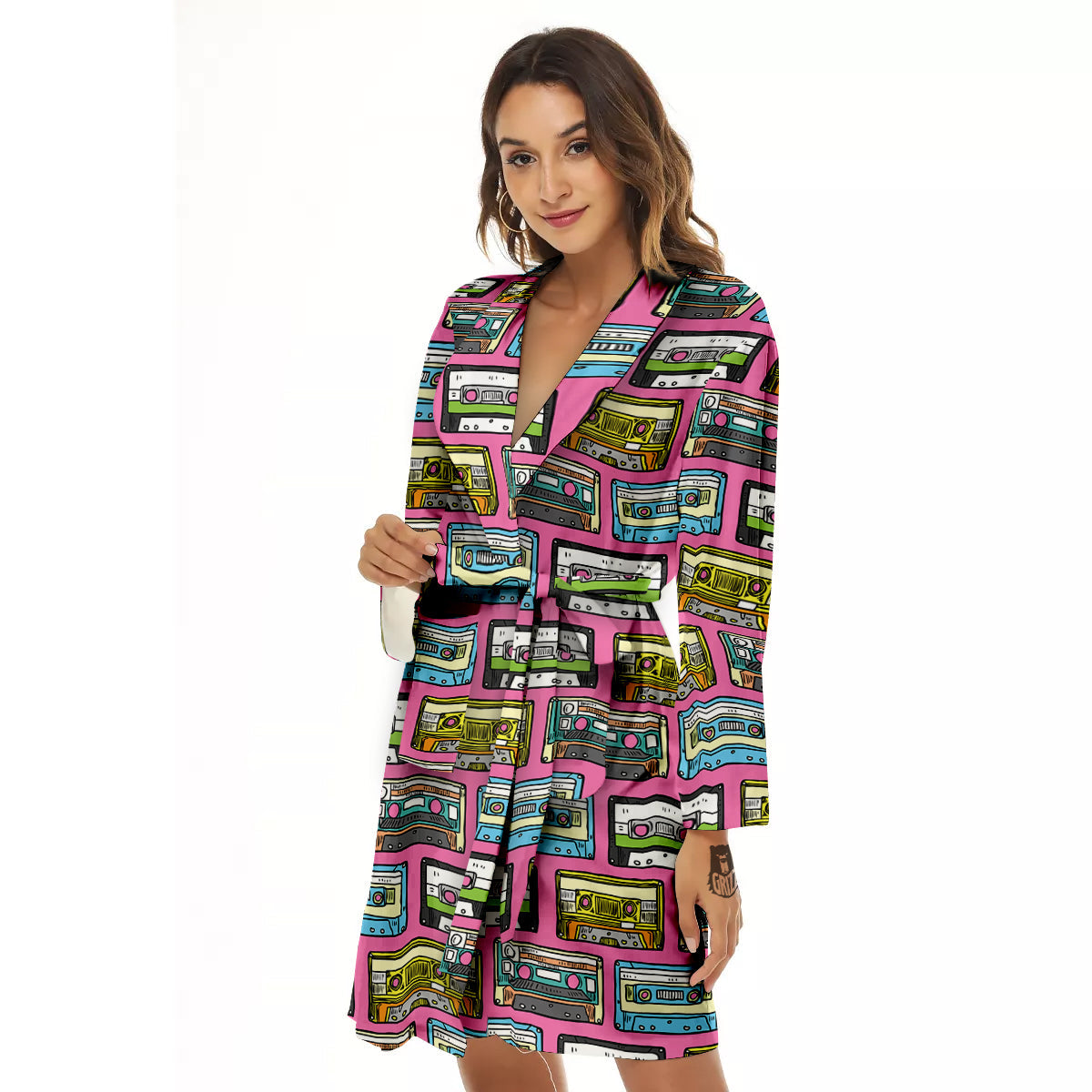 Cassette Drawing Print Pattern Women's Robe-grizzshop