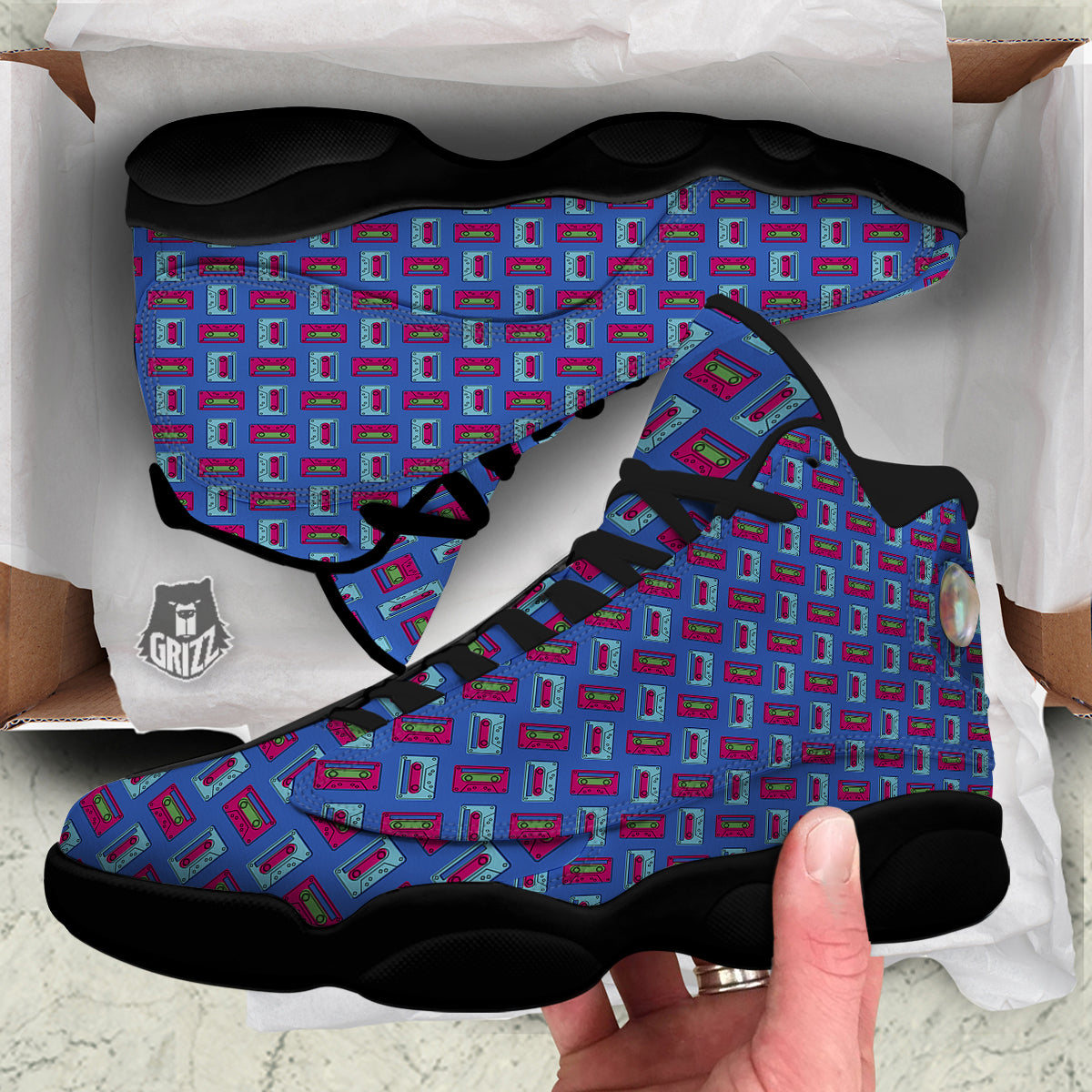 Cassette Pink And Blue Print Pattern Black Basketball Shoes-grizzshop