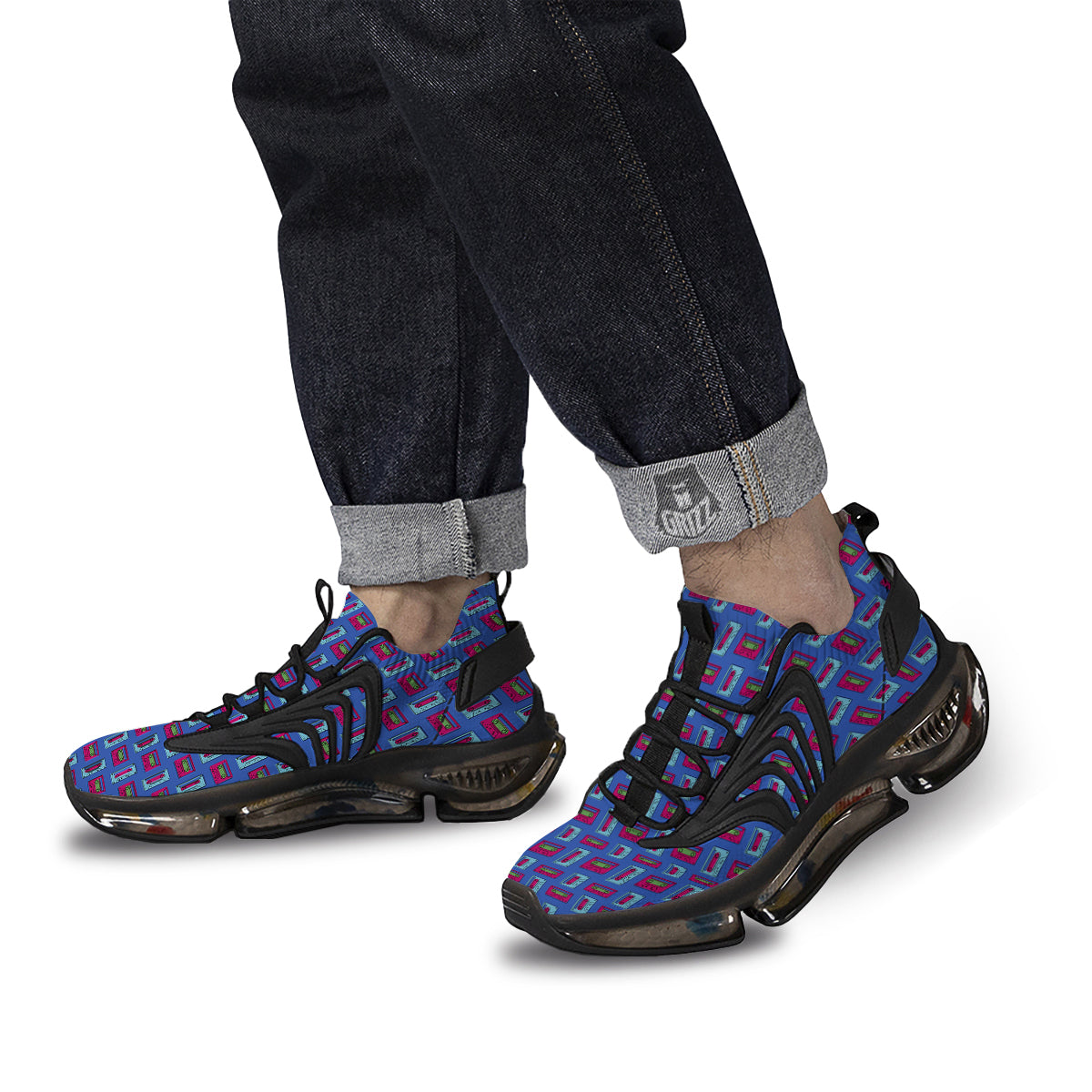 Cassette Pink And Blue Print Pattern Black Gym Shoes-grizzshop