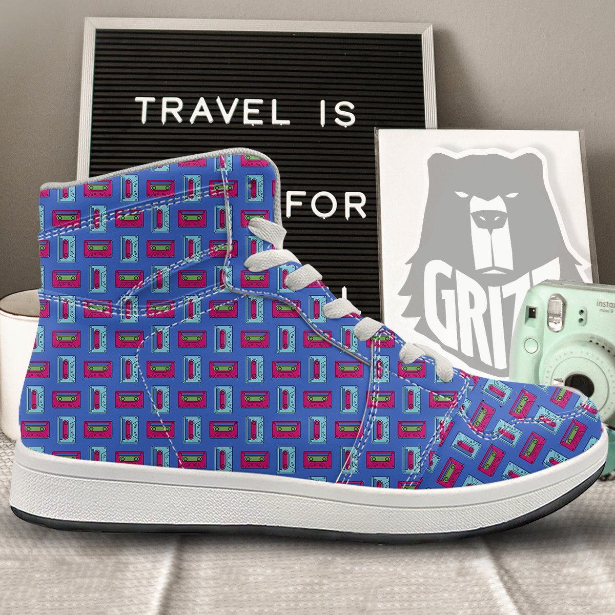Cassette Pink And Blue Print Pattern High Top Sneakers-grizzshop