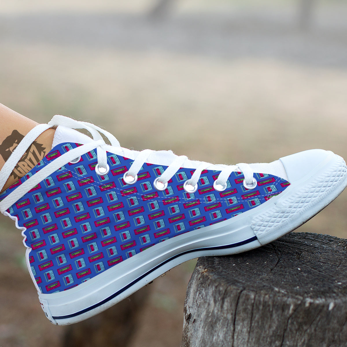 Cassette Pink And Blue Print Pattern White High Top Shoes-grizzshop