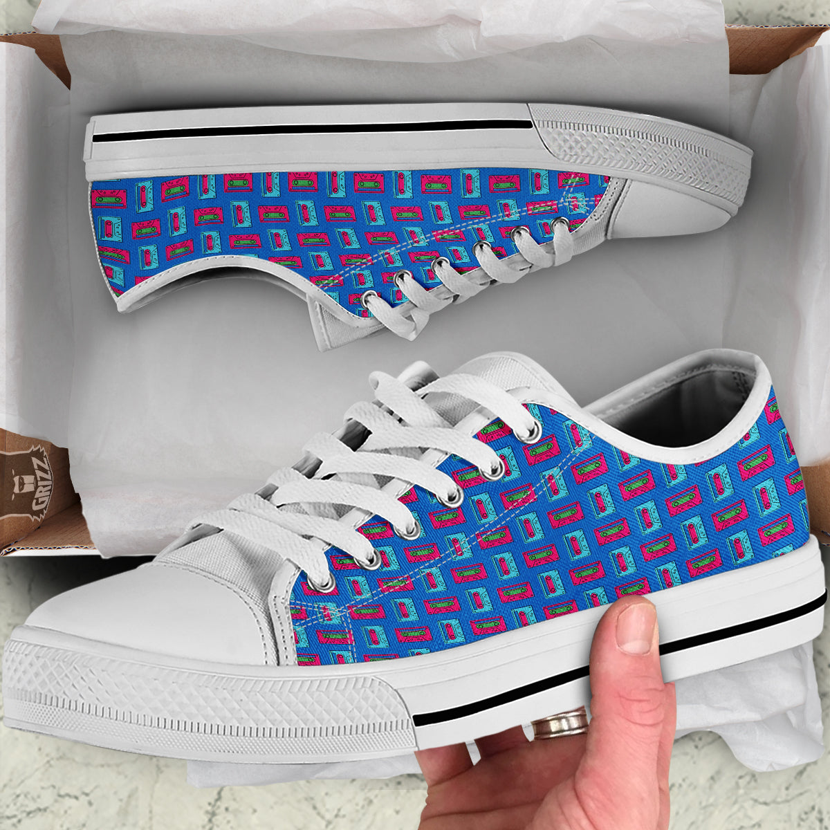 Cassette Pink And Blue Print Pattern White Low Top Shoes-grizzshop
