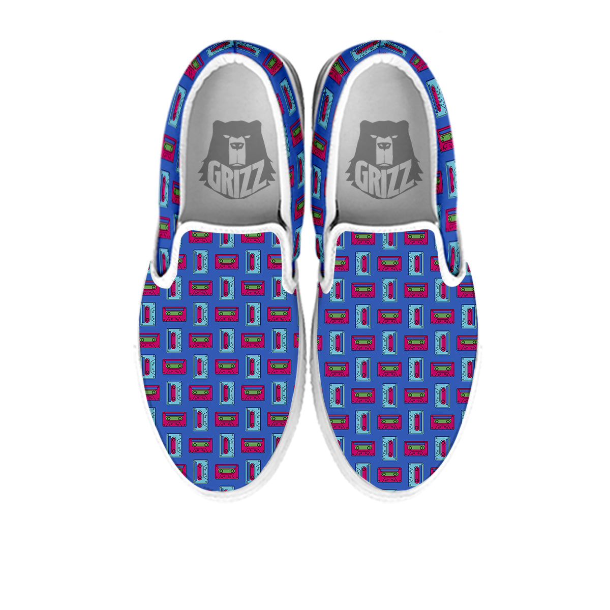 Cassette Pink And Blue Print Pattern White Slip On Shoes-grizzshop