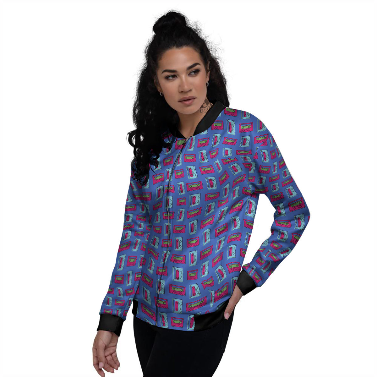 Cassette Pink And Blue Print Pattern Women's Bomber Jacket-grizzshop