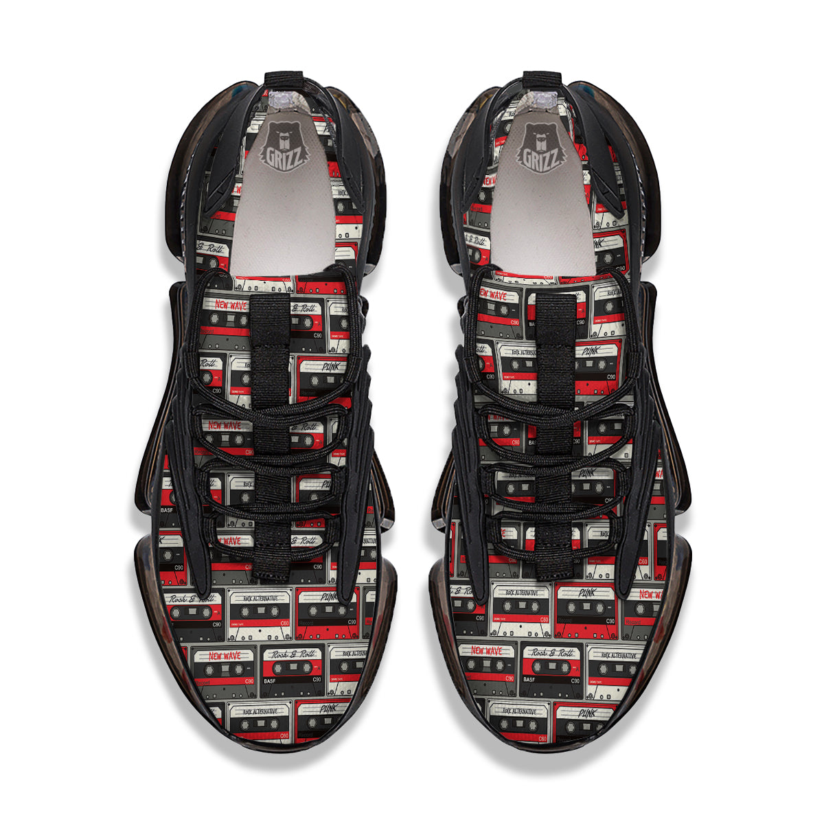Cassette Red Punk Print Pattern Black Gym Shoes-grizzshop
