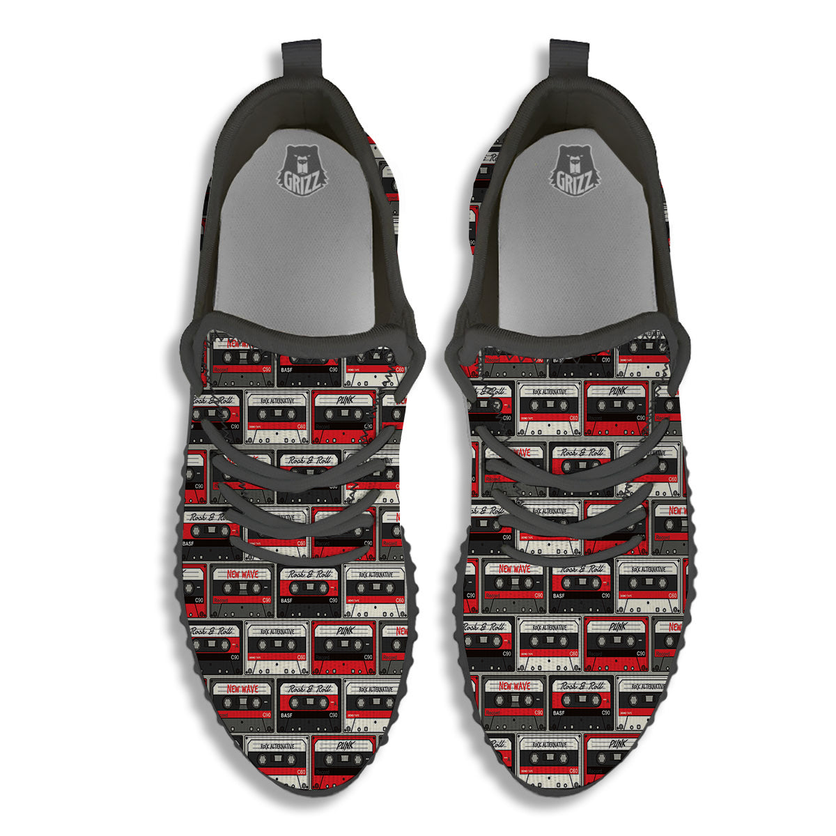 Cassette Red Punk Print Pattern Black Walking Shoes-grizzshop